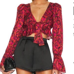 For Love And Lemons Davina Tie Red Floral Top